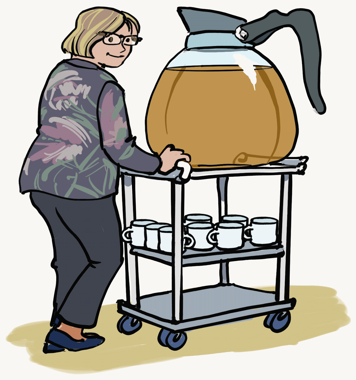 A happy woman -- Rolly -- pushing a cart with coffee cups and a gigantic pot of coffee.
