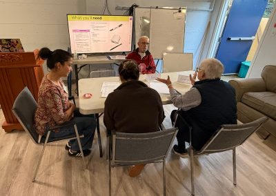 Four people at a table discussing care-partner issues