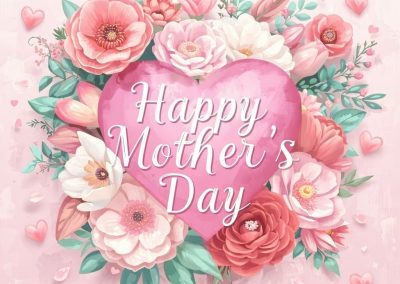Graphic of a heart surrounded by flowers hat says "Happy Mother's Day